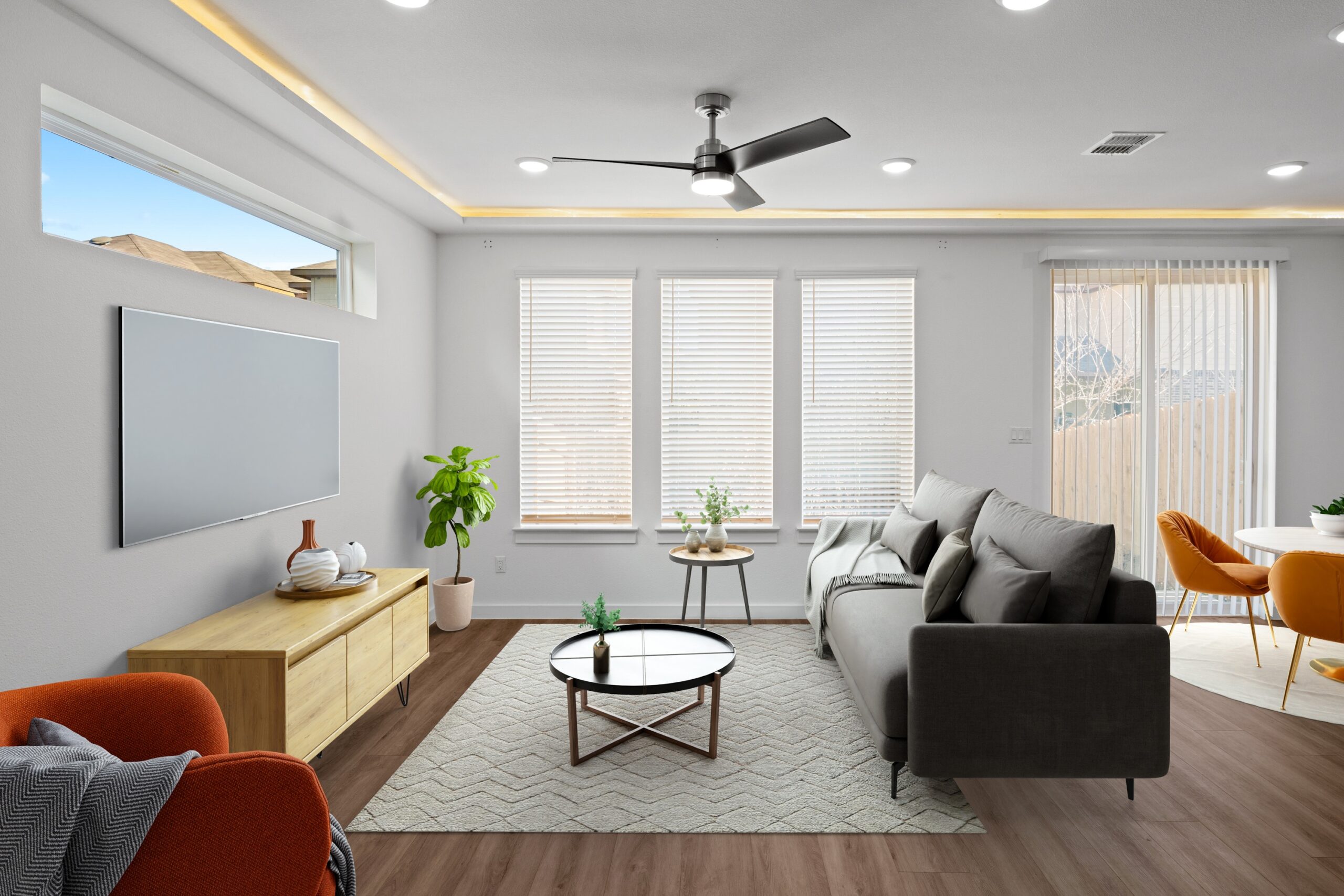 a living room with a couch and a table